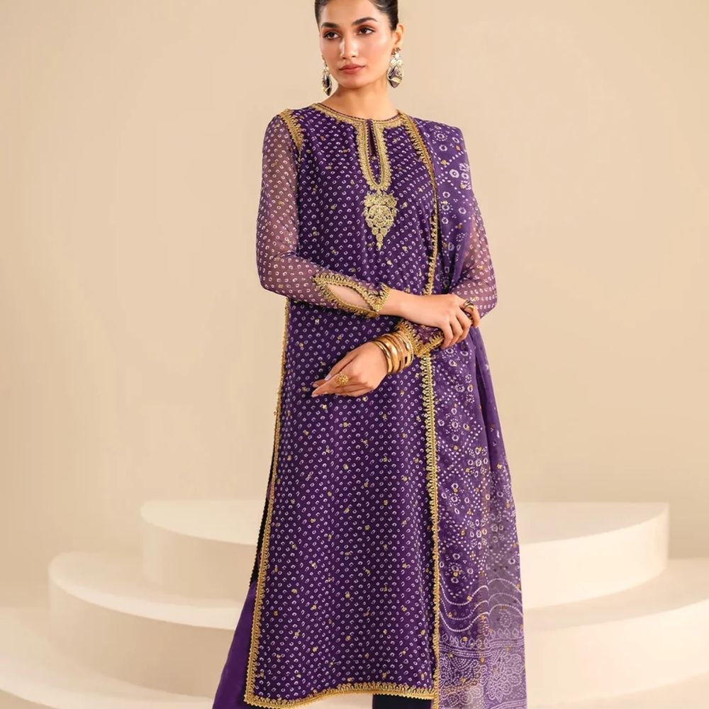 pink phulkari Purple Embroidered Chiffon Pant Style Suit